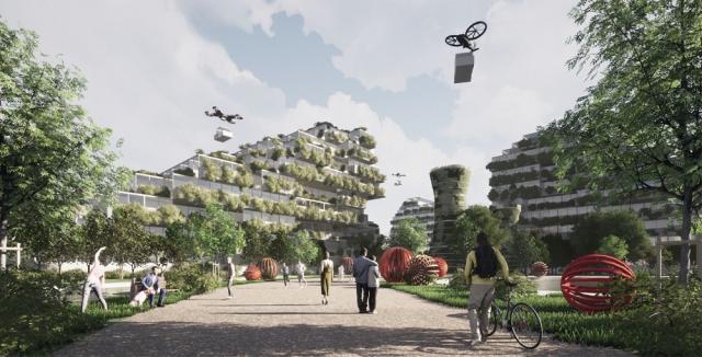 Wizualizacja miasta przyszłości przygotowana przez Koło Naukowe Architektury Jutra PW w ramach raportu „Polskie miasta przyszłości 2050 oczami młodych”