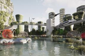 Wizualizacja miasta przyszłości przygotowana przez Koło Naukowe Architektury Jutra PW w ramach raportu „Polskie miasta przyszłości 2050 oczami młodych” 